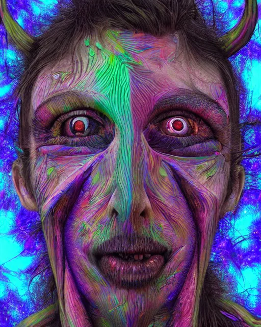 Image similar to realistic portrait of a creature experiment gone wrong, psychedelic, dark art, facing camera, photo realistic, detailed, 1 4 5 0, delicate, hyper realism, ultra realistic, 8 k