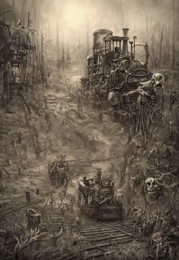 Prompt: Railroad of bones, trending on ArtStation