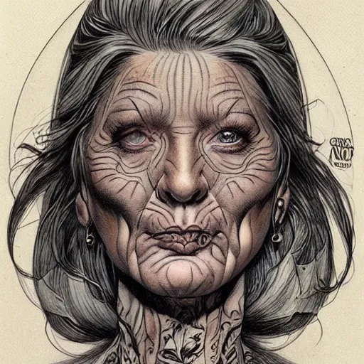 Image similar to a beautiful portrait of a heavily tattooed older woman Travis Charest style