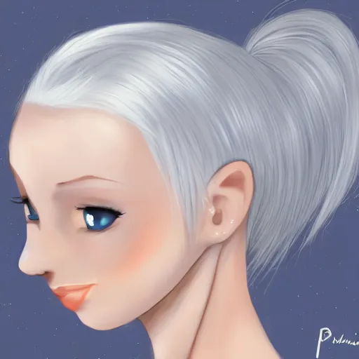 Image similar to a girl with white hair in a hairbun, by paulinaklime