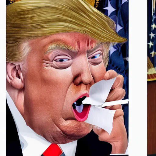 Prompt: donald trump eating papers titled top secret, trump putting paper in his mouth, top secret documents in trumps mouth as he eats them, high quality face, symmetrical donald trump face, photo realism, high detail, inside oval office,