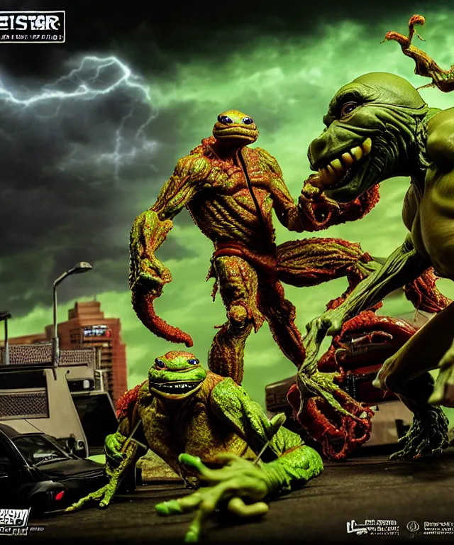 Image similar to hyperrealistic rendering, epic boss battle, cronenberg flesh monster tmnt, by art of skinner and richard corben, product photography, collectible action figure, sofubi, hottoys, storm clouds, outside, lightning