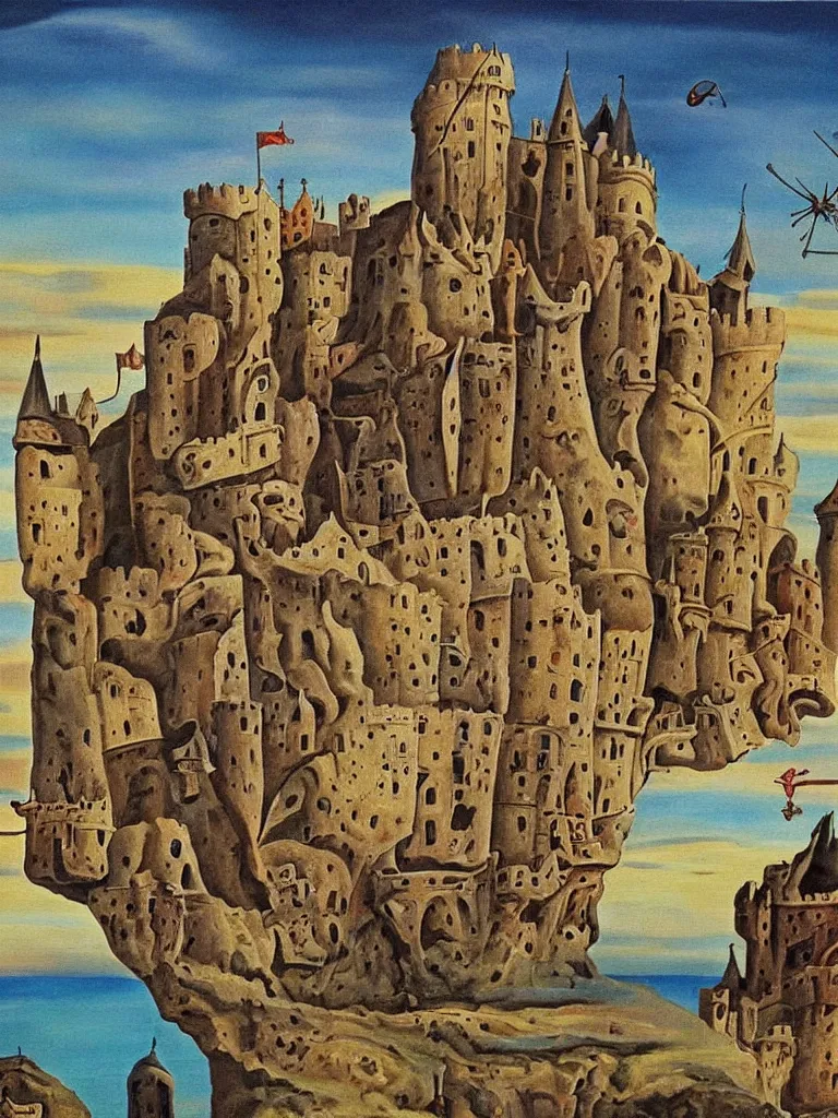 Prompt: a painting of a medieval castle alone on a flat empty plane painted in the style of Salvador Dali, surrealism