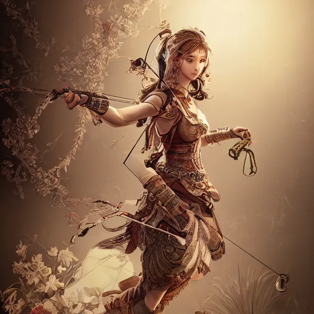 Image similar to the portrait of lawful neutral semi - colorful female archer huntress as absurdly beautiful, gorgeous, elegant, young woman, an ultrafine hyperdetailed illustration by kim jung gi, irakli nadar, intricate linework, bright colors, octopath traveler, final fantasy, unreal engine 5 highly rendered, global illumination, radiant light, detailed and intricate environment