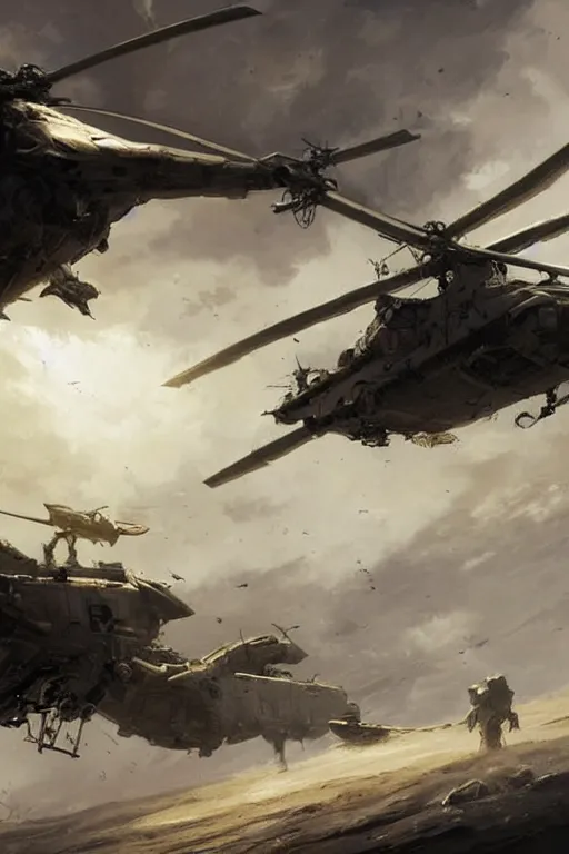 Image similar to a futuristic helicopter in war, epic scene, by greg rutkowski