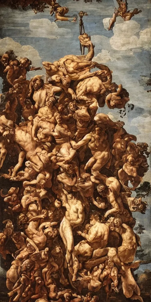 Prompt: Extreme Caravagistti. The absolute worst, most grotesque and awful monster made of gelatinous fleshy blobs. The monster is in an ornately gilded rococo art museum gallery designed by frank lloyd wright and donatello. A magnificent sky is at the top