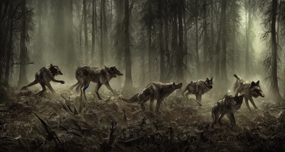 Image similar to an epic action concept masterpiece of a rabid wolfpack, in a forest made of nightmares, inspired by sd ai. horrific digital art, extremely moody lighting