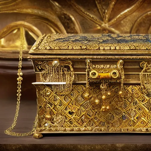 Image similar to A Ayleid chest filled with jewels and golden artefacts, 4k, hdri, museum quality photo