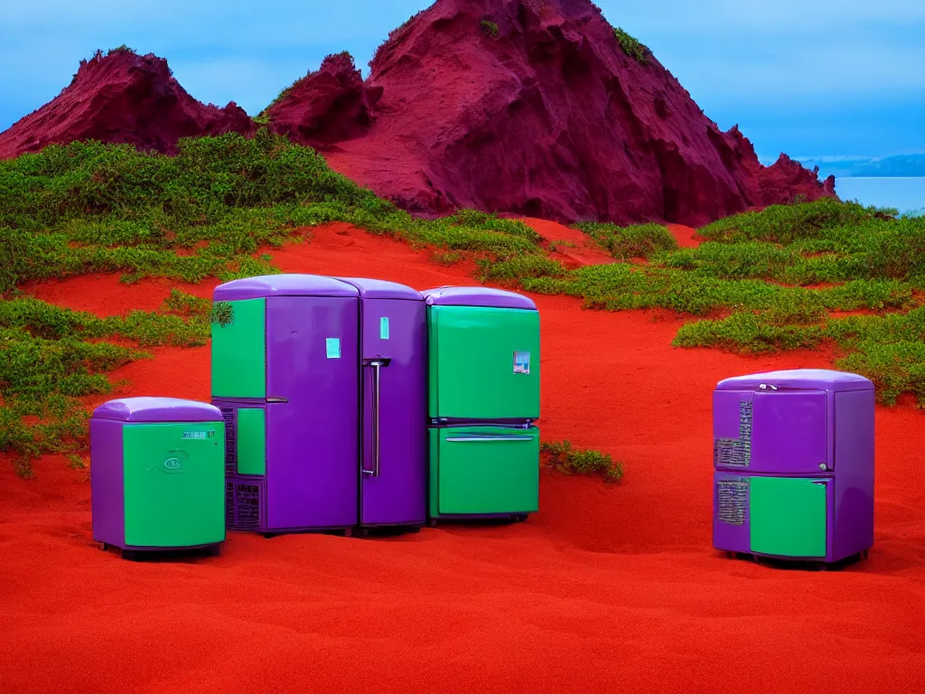 Image similar to purple refrigerator, red sand beach, green ocean, nebula sunset