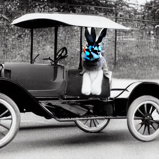 Image similar to a rabbit driving a model t ford, black and white photograph