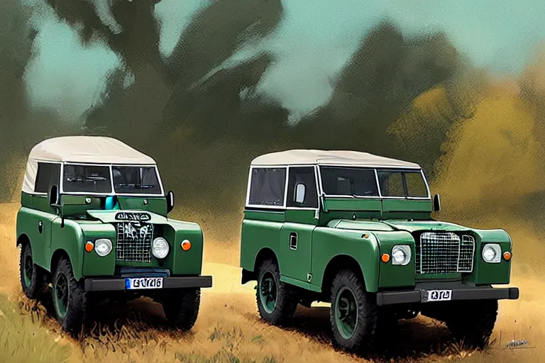 Prompt: 1 9 7 0 land rover s 2 a dormobile on a street, illustration by greg rutkowski