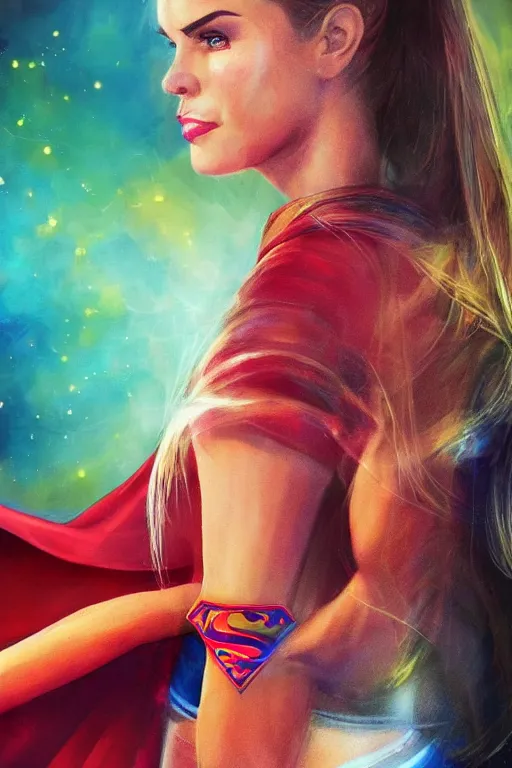 Image similar to portrait of a mix of beautiful young maria shriver, mariel hemmingway, brooke shields and elle macpherson as supergirl, thin lips, hair tied up in a pony tail, colorful artstation, cgsociety