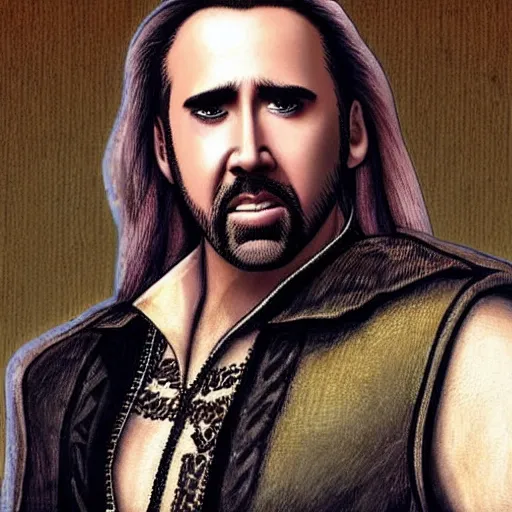 Image similar to nicolas cage with long flowing blond hair as a D&D character