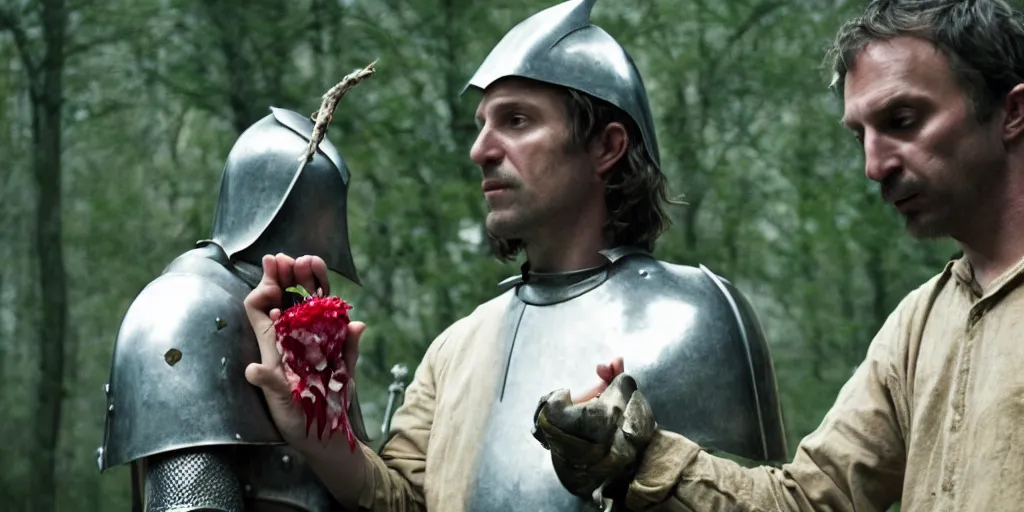 Image similar to film still of closeup the knight holds a bleeding heart in his hand by emmanuel lubezki