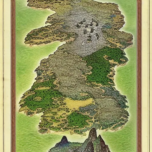 Image similar to an isometric fantasy map, simple, uncluttered, minimal, the land of Odrua, continent with mountains lakes hills and cities, by brian froud by jrr tolkien