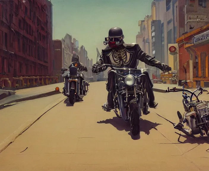 Image similar to a very detailed painting of a skeleton wearing a military jacket, riding a motorbike down a street, harley davidson motorbike, worm's - eye view, very fine brush strokes, very aesthetic, very futuristic, in the style of edward hopper and grant wood and syd mead, 4 k,