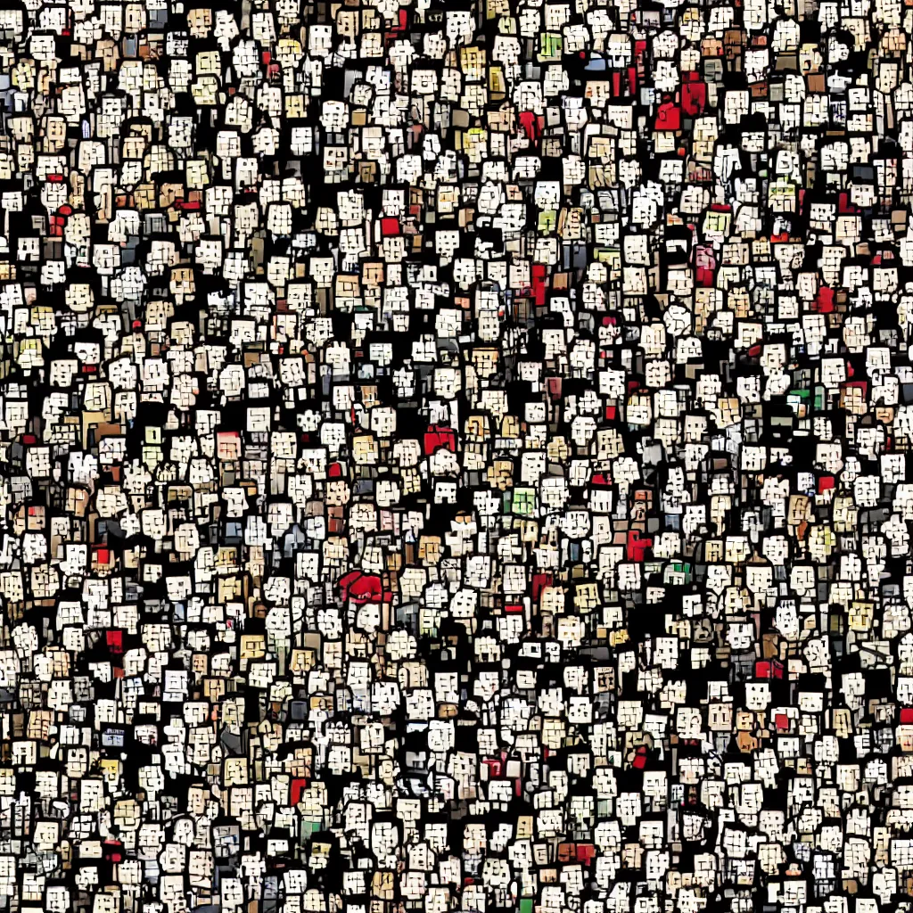 Image similar to where's waldo, it crowd. 8 bit. escher