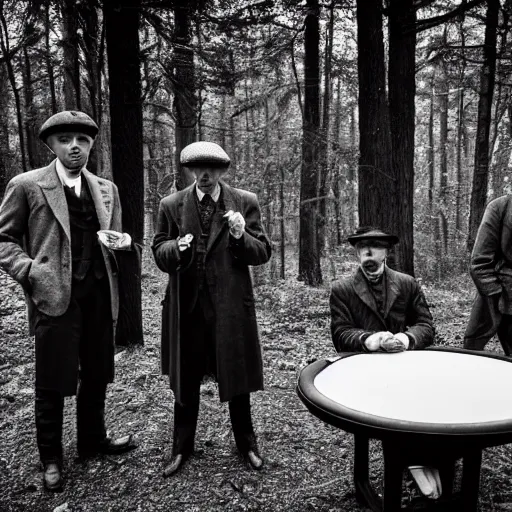 Prompt: peaky blinders playing poker in the woods. black and white.