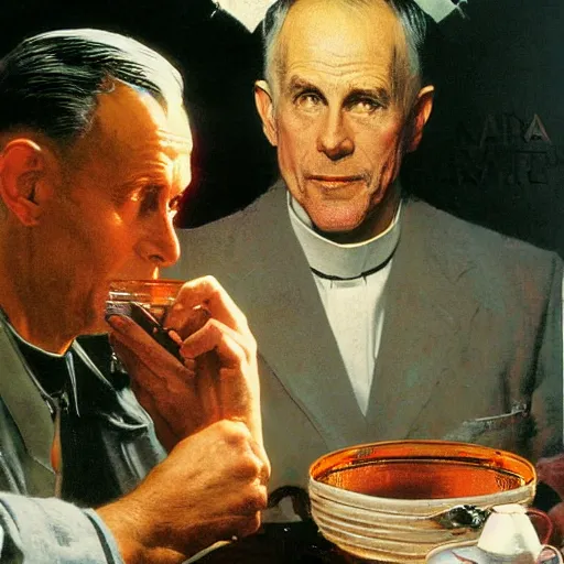 Image similar to a blade runner nexus 6 replicant takes tea with a vicar, painted by norman rockwell and tom lovell and frank schoonover