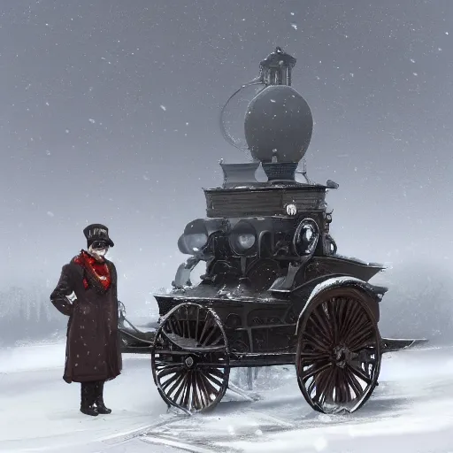 Image similar to Digital Art of a 1914 russian walking steam machine in the snow, Rozalski, trending on artstation