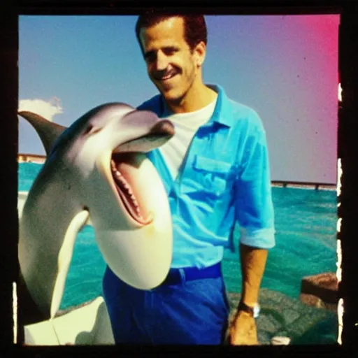 Prompt: hunter biden smoking with an italian dolphin in a luxury vaporwave resort, polaroid photograph, washed out colors, nostalgia,