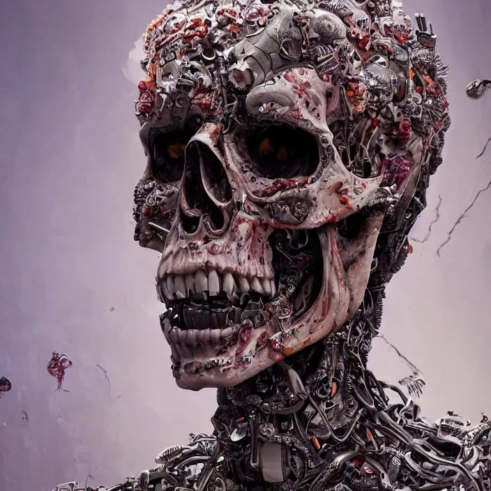 Image similar to portrait of an android skull. razor sharp teeth. infected with zombie virus. intricate abstract. intricate artwork. nightmare fuel. by Tooth Wu, wlop, beeple, dan mumford. octane render, trending on artstation, greg rutkowski very coherent symmetrical artwork. cinematic, hyper realism, high detail, octane render, 8k, iridescent accents