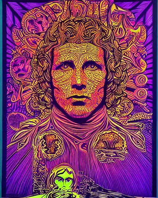 Prompt: portrait of jim morrison psychedelic blacklight poster, intricate, mushrooms, trees, by shepard fairey