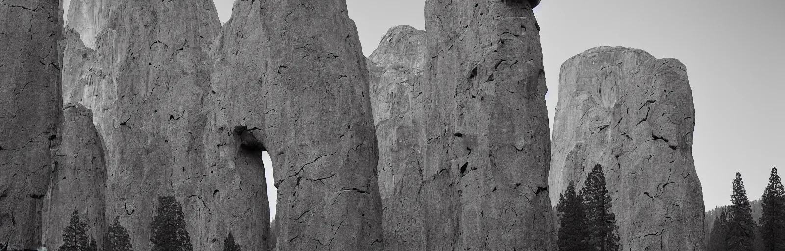 Image similar to to fathom hell or soar angelic, just take a pinch of psychedelic, medium format photograph of two colossal minimalistic necktie sculpture installations by antony gormley and anthony caro in yosemite national park, made from iron, marble, and limestone, granite peaks visible in the background, taken in the night