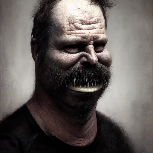 Prompt: a portrait of dave anthony the dollop, hyper realistic, octane render, by barlowe. masterpiece portrait painting. dark, moody,, abstract brush strokes,.