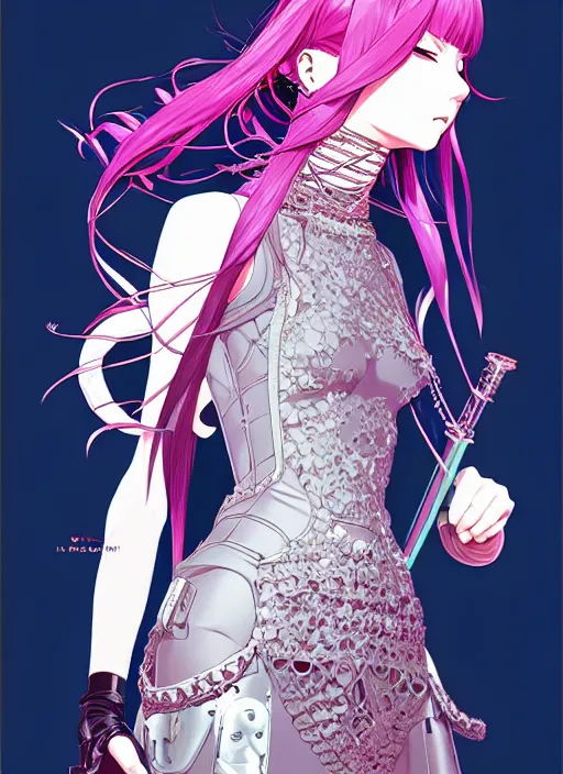 Prompt: tomer hanuka highly detailed terada katsuya artstation minaba hideo fantastic fate shigenori soejima manga poster of princess mechine, long hair, armor, dress, laces, ruffles, 8 k, fluorescent, maximalist, jump comics, art nouveau