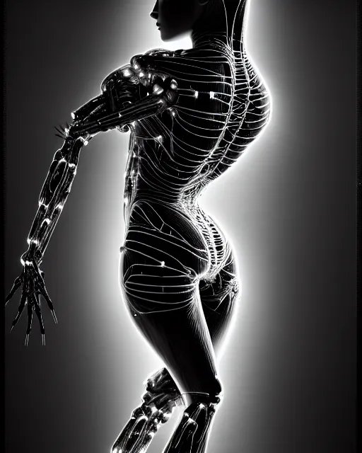 Image similar to black and white cyborg-plant goddess high quality photo, artificial intelligence, bio-mechanical bio-luminescence, artificial spider web, neurons, nerve cells, octane render, cinematic, rim light, hyper realism, photo-realistic, high detail, 8k, in the style of Steven Meisel and Dora Maar and H.G. Giger