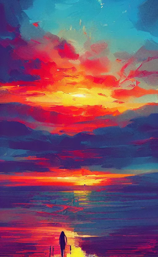 Prompt: a beautiful illustration of a sunset, art of alena aenami, featured on artstation, vertical orientation, paint brush strokes, expressionism, brushstroke - laden