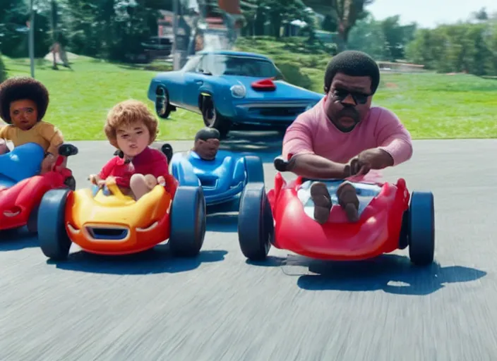 Image similar to peter dinklage racing gary coleman driving a little tikes cars, movie still, from the new fast and furious movie, 8 k, realistic