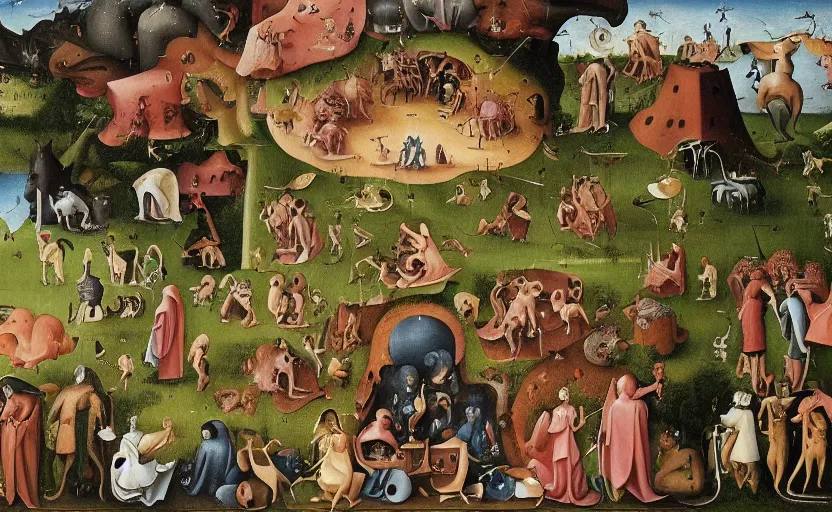 Image similar to Extremely detailed, intricate painting in style of Hieronim Bosch showing a symbiosis of Humans and nature.