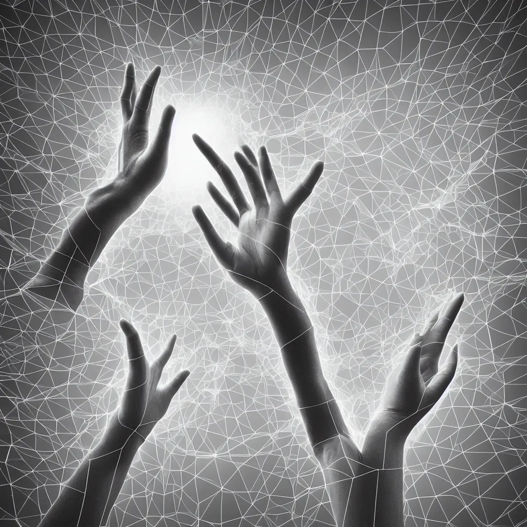 Image similar to black and white light 3D geometry, long hands reaching out for each other, matte bright highly detailed, epic, 3D render, digital art, octane render, 8K artistic photography, photo-realistic, by Hiroya Oku