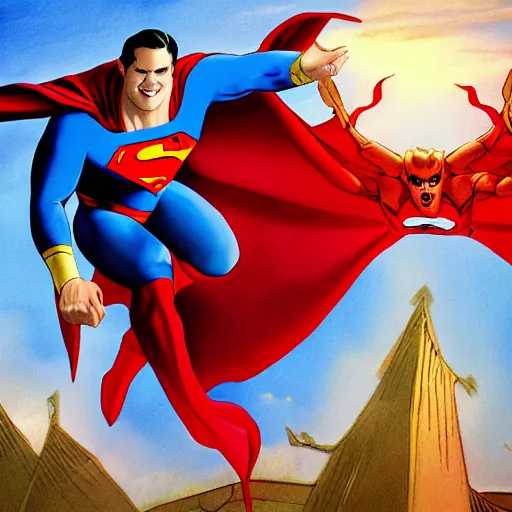 Image similar to satan dressed as superman is devil flying with whip demon tail. detailed. photorealistic