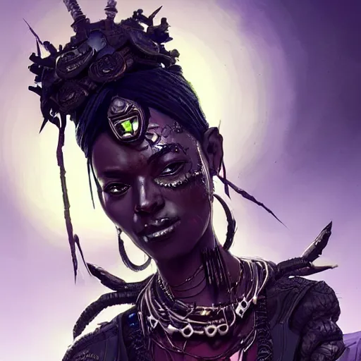 Image similar to a dark and ominous african queen with glowing eyes, a black diamond in her forehead, and jewelry made of bones, Apex Legends character digital illustration portrait design, by android jones and greg rutkowski in a cyberpunk voodoo style, detailed, cinematic lighting, wide angle action dynamic portrait