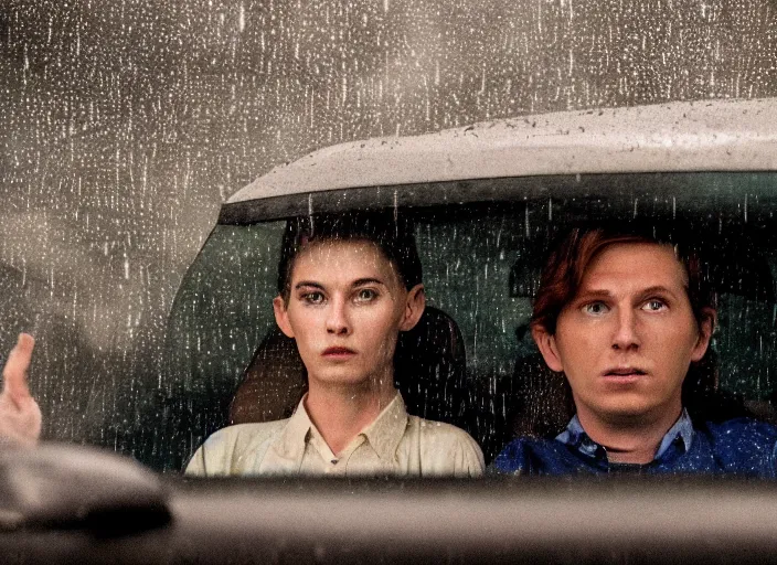 Image similar to A very high resolution image from a new movie, inside of a car, raining, hot, directed by wes anderson