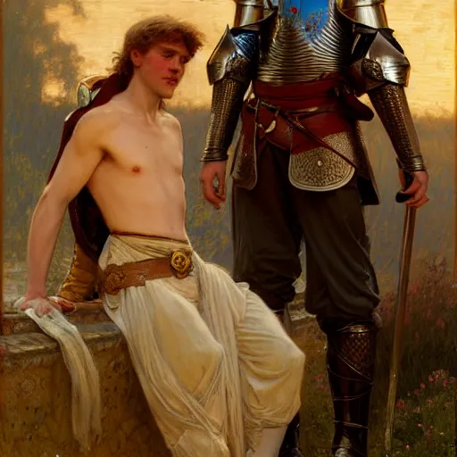 Image similar to attractive arthur pendragon and his attractive male knight, they are in love, natural lighting, path traced, highly detailed, high quality, digital painting, by gaston bussiere, craig mullins, alphonse mucha j. c. leyendecker