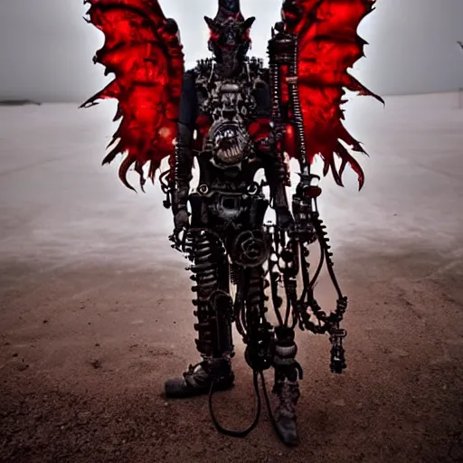 Image similar to mechanical steampunk cyborg devil red skin satan horns with white! angel wings flames and fire photography by david yarrow concept art greg rutkowski