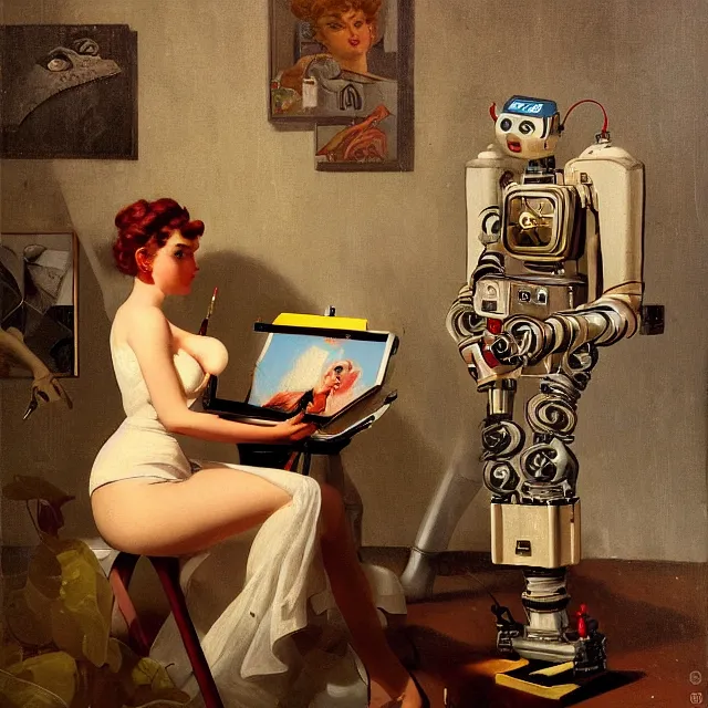 Prompt: robot artist painting a self - portrait on a canvas. intricate, highly detailed, digital matte painting in the style of gil elvgren and in the style of hans thoma. irony, recursion, inspiration.