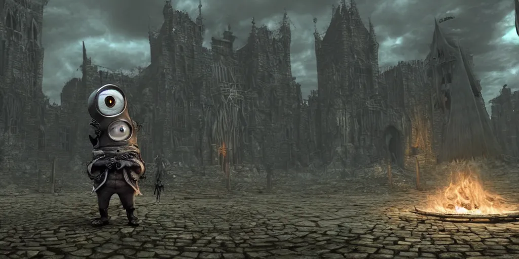 Image similar to minion as a darksouls boss, horror, hd, screenshot,