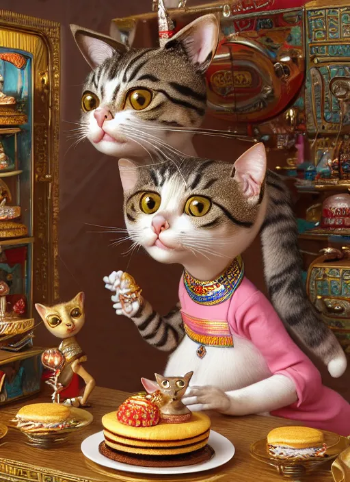 Image similar to highly detailed closeup, portrait of a tin toy egyptian cat goddess eating cakes, unreal engine, nicoletta ceccoli, mark ryden, earl norem, lostfish, global illumination, detailed and intricate environment