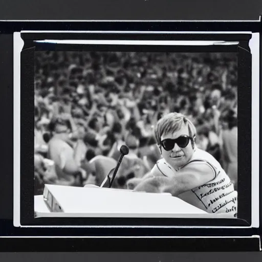 Image similar to Elton John Age 25, Dodgers Stadium concert in 1975, ultradetailed, polaroid picture, enhanced quality polaroid photo