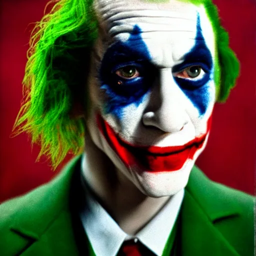 Image similar to peter otoole, hair green, face white, lips red, portrait, impressionistic, film still, joker