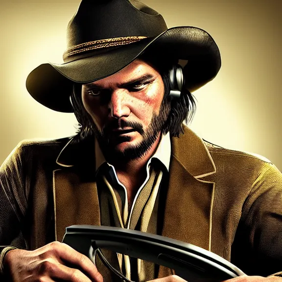 Image similar to john marston playing on a gaming computer in cowboy attire with gaming headphones on in a dimly lit room