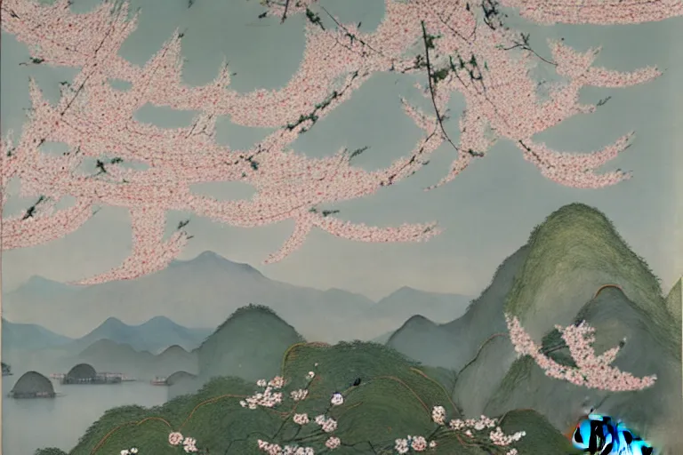 Prompt: an ultradetailed landscape painting of westlake in china hangzhou, pagodas on hills, osmanthus blossoms nearby, fine wind, chinese water color, smooth, sharp focus, illustration, by hilma af klint, 8 k