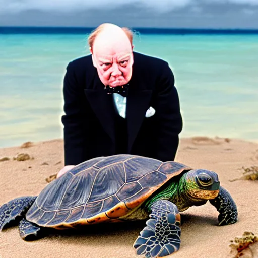 Prompt: An astonished Winston Churchill discovers the first turtle ever in Galapagos, national geographic, XF IQ4, f/11, ISO 200, 1/500s, 4k, 8K, RAW, directed gaze