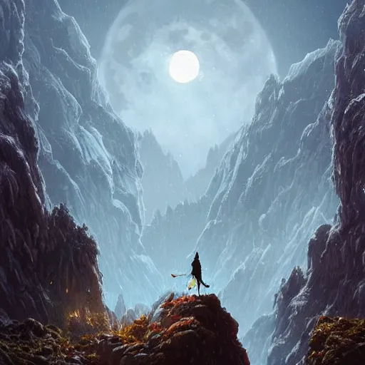 Prompt: a wolf standing on a moutain, howling to a full moon shining bright, thunderstrikes, epic, dramatic lighting, in a fantasy world, highly detailed, crystal lighting, hyperrealistic, trending on artstation, unreal engine, magical, by joe fenton, by greg rutkowski, by greg tocchini, by kaws, by kate beaton, by kaethe butcher