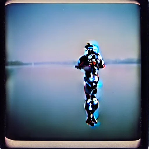 Image similar to semi translucent frog in Jesus Christ pose hovering over misty lake, polaroid photography by Andrei Tarkovsky, spiritual, mystical, mellow